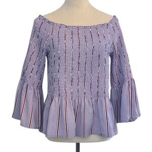 Candie's XL Purple Pop Stripe Smocked Marilyn Top Milk Maid Bell Sleeve Ruffle